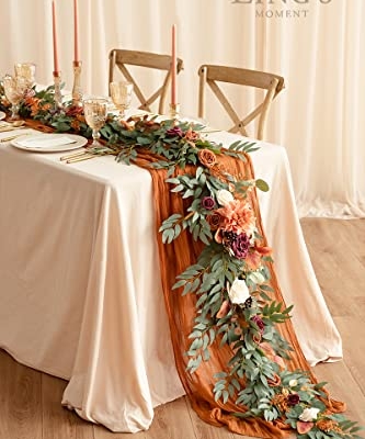 Silky Flower Store Terracotta Flower Garland, Eucalyptus Rose Faux Garland, 6FT, Waterproof Wedding Table Decor 6ft 7 7 Product: Ling's Moment Terracotta Flower Garland - 6FT Eucalyptus & Rose - Sweetheart Table Decor for Wedding Reception, Fall Artificial Floral Garland for Mantle, Christmas Decoration, Burnt Orange