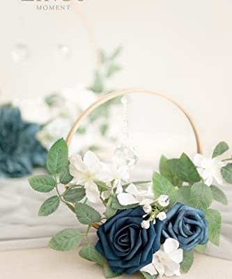Silky Flower Store Crystal Wooden Hoop Wreath Floral Centerpieces, Dusty Blue Navy Faux Flowers, Sweetheart Table Ceremony Décor, Set of 3 20.5cm 8 8 Product: Ling's Moment Crystal Wooden Hoop Wreath Floral Centerpieces for Sweetheart Table, Head Table, Ceremony Reception Artificial Flowers Decorations, Assemble Required - Dusty Blue &Navy