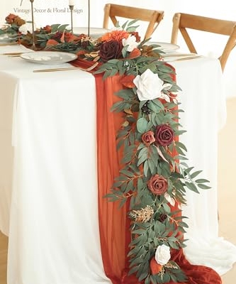 Silky Flower Store Artificial Eucalyptus Garland with Flowers, Burnt Orange Terracotta Faux Floral Table Runner, 6ft 7 7 Product: Floroom 6ft Artificial Eucalyptus Garland with Flowers Fake Greenery Burnt Orange Faux Floral Vine Garland for Table Decor Wedding Centerpieces Bridal Shower Party Decorations, Terracotta