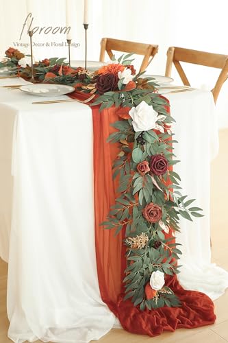 Silky Flower Store Artificial Eucalyptus Garland with Flowers, Burnt Orange Terracotta Faux Floral Table Runner, 6ft 1 1 Product: Floroom 6ft Artificial Eucalyptus Garland with Flowers Fake Greenery Burnt Orange Faux Floral Vine Garland for Table Decor Wedding Centerpieces Bridal Shower Party Decorations, Terracotta