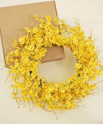 Silky Flower Store 24inch Artificial Forsythia Yellow Flowers Wreath, Silk Leaves Spring Summer Front Door Porch Farmhouse Patio Garden Decor, Orchid 16 16 Product: WELL KNOWN 24inch Artificial Forsythia Yellow Flowers Wreath, Silk Leaves Wreath for Spring Summer Seasonal Decor, Front Door Porch Farmhouse Patio Garden Home Decor (Orchid)