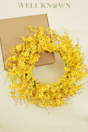 Silky Flower Store 24inch Artificial Forsythia Yellow Flowers Wreath, Silk Leaves Spring Summer Front Door Porch Farmhouse Patio Garden Decor, Orchid 7 7 Product: WELL KNOWN 24inch Artificial Forsythia Yellow Flowers Wreath, Silk Leaves Wreath for Spring Summer Seasonal Decor, Front Door Porch Farmhouse Patio Garden Home Decor (Orchid)