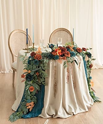 Silky Flower Store Artificial Eucalyptus Rose Flower Garland, Fall Wedding Arch Backdrop Decor, Sweetheart Table Mantel Garland, Teal Orange 9FT 8 8 Product: Ling's Moment 9FT Flower Garland for Backdrop Decoration - Fall Wedding Arch Flowers, Eucalyptus & Rose, Artificial Floral Garland for Mantle - Sweetheart Table Decor for Ceremony, Teal & Orange