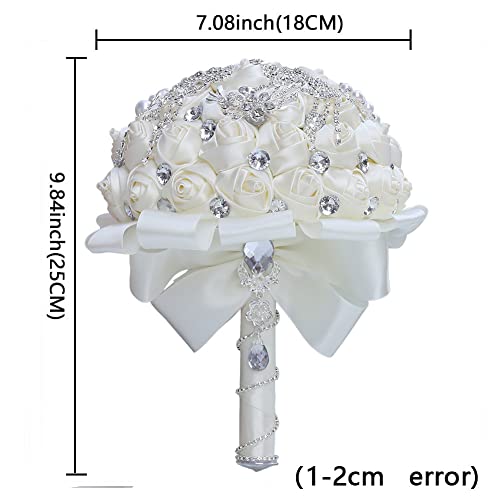 Product: Sharebeauty 9.4 Inch Handmade Satin Rose Bridal Bouquet Toss Round Wedding Bouquet Throw Toss Artificial Flower Bunch Dark Red + Ivory