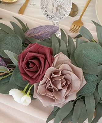 Silky Flower Store Artificial Eucalyptus Garland with Flowers, Dusty Rose Mauve, 6ft, 13.75in width, 3.5in height 9 9 Product: Floroom 6ft Artificial Eucalyptus Garland with Flowers Fake Greenery Faux Floral Vine Garland for Table Decor Wedding Centerpieces Bridal Shower Party Decorations, Dusty Rose & Mauve