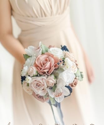 Product: Ling's Moment Artificial Flowers Dusty Rose & Navy Blue Bridesmaid Bouquet Set of 4, Wedding Flowers Bouquets for Bridesmaids, 9'' Maid of Honor Bouquet+7'' Bridesmaids Bouquets x3