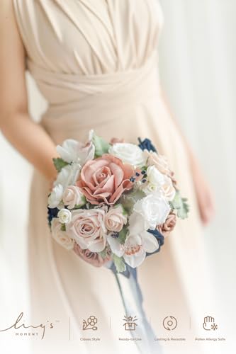 Product: Ling's Moment Artificial Flowers Dusty Rose & Navy Blue Bridesmaid Bouquet Set of 4, Wedding Flowers Bouquets for Bridesmaids, 9'' Maid of Honor Bouquet+7'' Bridesmaids Bouquets x3