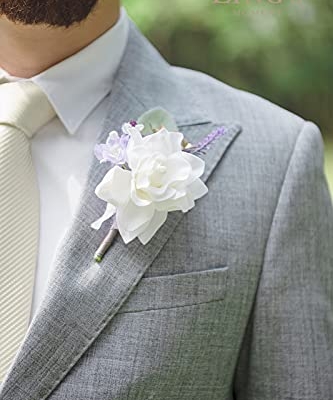 Silky Flower Store Lilac Gold Wedding Boutonnieres Wrist Corsages Set, Pre Arranged Artificial Floral Accessories, 12 Piece 4.75in 10 10 Product: Ling's Moment Pre-Arranged Wedding Flower Packages in Lilac & Gold, Boutonnieres & Wrist Corsages Package(Set of 12)