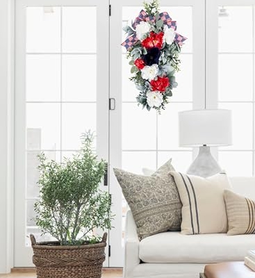 Silky Flower Store Patriotic Teardrop Wreath, Red White Blue Summer Floral Swag, USA Flag Bow, Artificial Front Door Decor, 28in 15 15 Product: 4th of July Patriotic Swag - Red White Blue Summer Floral Swag with USA Flag Printed Bow - Artificial Flower Teardrop Wreath - American Summer Home Decor for Frong Door Porch Wall