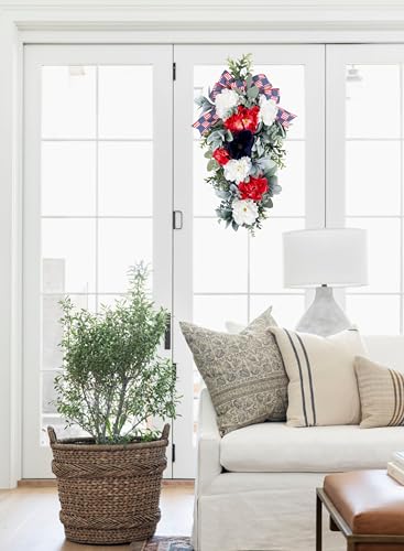 Silky Flower Store Patriotic Teardrop Wreath, Red White Blue Summer Floral Swag, USA Flag Bow, Artificial Front Door Decor, 28in 6 6 Product: 4th of July Patriotic Swag - Red White Blue Summer Floral Swag with USA Flag Printed Bow - Artificial Flower Teardrop Wreath - American Summer Home Decor for Frong Door Porch Wall