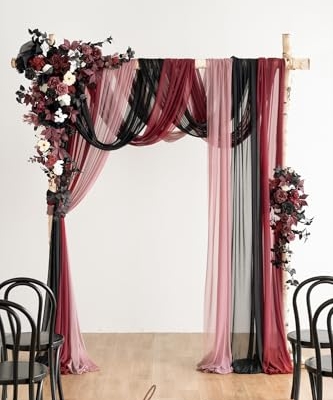 Silky Flower Store Wedding Arch Flowers Kit Black Burgundy Sheer Drapes, 5 Piece Faux Floral Backdrop Set, Reusable Event Decor, 32.5cm 8 8 Product: Ling's Moment Wedding Arch Flowers with Sheer Drapes Kit - Artificial Black and Burgundy Floral Arrangements for Ceremony Backdrop, Arbor Decor, 5-Piece Set (2 Flower Stems + 3 Hanging Drapes)