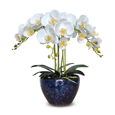 Product: Faux Orchids Artificial Flowers with Porcelain Vase Large Fake Silk Orchids in Vase Indoor Dining Table Office Desk Decor