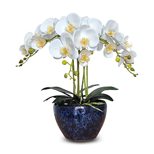 Product: Faux Orchids Artificial Flowers with Porcelain Vase Large Fake Silk Orchids in Vase Indoor Dining Table Office Desk Decor