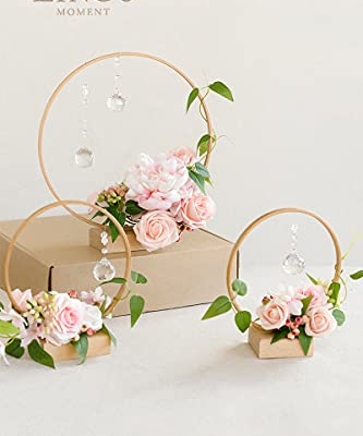 Silky Flower Store Blush Pink Artificial Flower Crystal Hoop Wreath Centerpieces Set of 3, French Country Faux Floral Table Decor 11in 8in 2.7x5.9in 9 9 Product: Ling's Moment Blush Pink Artificial Flowers Crystal Hoop Wreath Centerpieces for Sweetheart Table Head Table Ceremony Reception Decorations, Assembled (Set of 3)