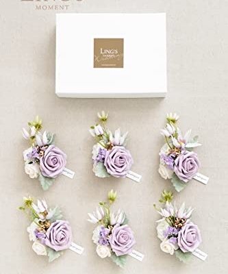 Silky Flower Store Lilac Gold Wedding Boutonnieres Wrist Corsages Set, Pre Arranged Artificial Floral Accessories, 12 Piece 4.75in 15 15 Product: Ling's Moment Pre-Arranged Wedding Flower Packages in Lilac & Gold, Boutonnieres & Wrist Corsages Package(Set of 12)