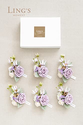 Silky Flower Store Lilac Gold Wedding Boutonnieres Wrist Corsages Set, Pre Arranged Artificial Floral Accessories, 12 Piece 4.75in 7 7 Product: Ling's Moment Pre-Arranged Wedding Flower Packages in Lilac & Gold, Boutonnieres & Wrist Corsages Package(Set of 12)
