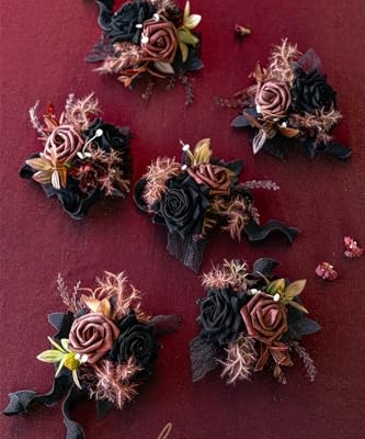 Product: Ling's Moment 6pcs Wedding Wrist Corsage Artificial Flowers, Girl/Mother Homecoming Prom Corsages Wristlet Décor, etc. Black Gothic Burgundy