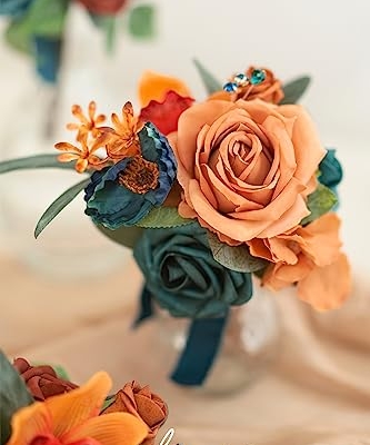 Silky Flower Store Teal Blue Wedding Flowers Mini Bridesmaid Bouquets Set of 6, Faux Floral Centerpieces, 8.5in Tall 6in Wide 6 6 Product: Ling's Moment Daek Teal Blue Wedding Flowers Mini Bridesmaid Bouquets Set of 6 Pre-Made Small Floral Wedding Centerpieces (Daek Teal & Burnt Orange)