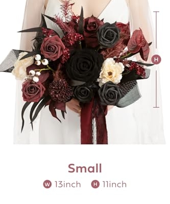 Silky Flower Store Black Burgundy Gothic Wedding Bouquet, Artificial Bridal Flowers, Free Form Wedding Bouquet, 13 Inch 11 11 Product: Ling's Moment Black and Burgundy Wedding Bouquets for Bride, Gothic Bridal Bouquets for Bride, 13 Inch Free Form Artificial Wedding Flower Bouquet