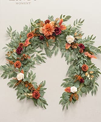Silky Flower Store Terracotta Flower Garland, Eucalyptus Rose Faux Garland, 6FT, Waterproof Wedding Table Decor 6ft 9 9 Product: Ling's Moment Terracotta Flower Garland - 6FT Eucalyptus & Rose - Sweetheart Table Decor for Wedding Reception, Fall Artificial Floral Garland for Mantle, Christmas Decoration, Burnt Orange