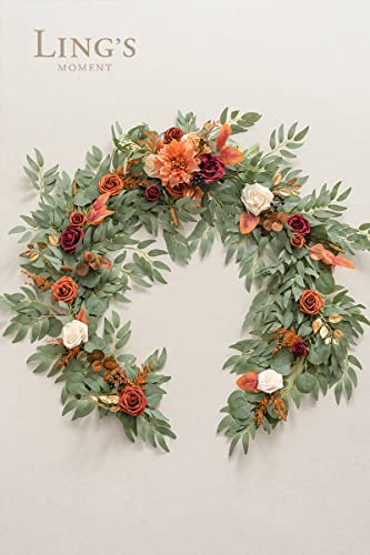 Silky Flower Store Terracotta Flower Garland, Eucalyptus Rose Faux Garland, 6FT, Waterproof Wedding Table Decor 6ft 4 4 Product: Ling's Moment Terracotta Flower Garland - 6FT Eucalyptus & Rose - Sweetheart Table Decor for Wedding Reception, Fall Artificial Floral Garland for Mantle, Christmas Decoration, Burnt Orange