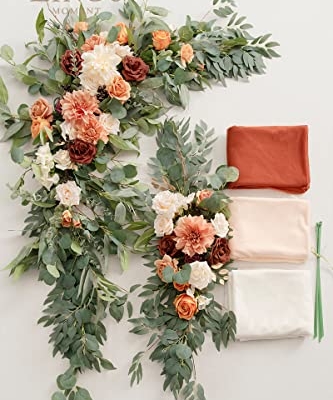 Silky Flower Store Fall Wedding Arch Flowers, Artificial Terracotta Burnt Orange Floral Arch Kit, Sheer Drapes, 5 Piece Set, 32.5cm 13 13 Product: Ling's Moment Fall Wedding Arch Flowers with Sheer Drapes Kit - Artificial Terracotta and Burnt Orange Floral for Ceremony Backdrop, Arbor Decor, 5-Piece Set (2 Flower Stems + 3 Hanging Drapes)