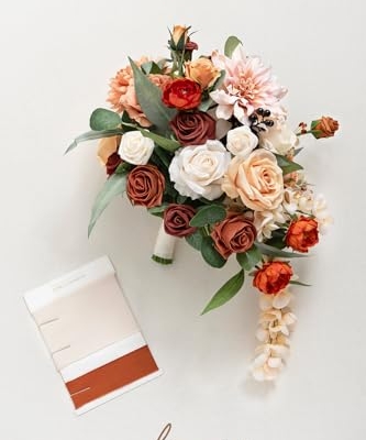 Silky Flower Store Terracotta Bridal Bouquet, Cascading Orange Wedding Bouquet, Ling’s Moment Bridesmaid Bouquet, 13 Inch 15 15 Product: Ling's Moment Terracotta Bridal Bouquet Cascading, Orange Wedding Bouquets for Bride, 13 Inch Bride Bouquets for Wedding Artificial Flowers Bouquets