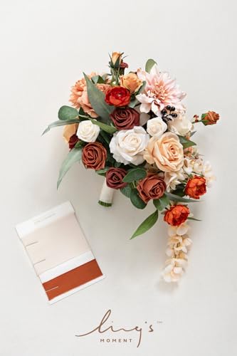 Silky Flower Store Terracotta Bridal Bouquet, Cascading Orange Wedding Bouquet, Ling’s Moment Bridesmaid Bouquet, 13 Inch 7 7 Product: Ling's Moment Terracotta Bridal Bouquet Cascading, Orange Wedding Bouquets for Bride, 13 Inch Bride Bouquets for Wedding Artificial Flowers Bouquets
