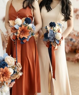 Silky Flower Store Artificial Bridesmaid Bouquet Orange Navy Blue Cream, Wedding Decor Silk Foam Set of 4, 7 Inch 10 10 Product: Ling's Moment Artificial Flowers Orange & Navy Bridesmaid Bouquet Set of 4, Orange Wedding Flowers Bouquets for Bridesmaids, 7 Inch Bridal Bouquets for Bridesmaids, Wedding Decor, etc