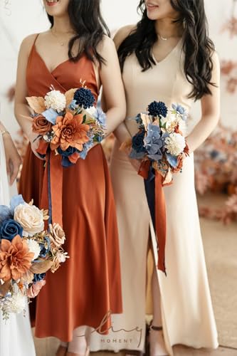 Silky Flower Store Artificial Bridesmaid Bouquet Orange Navy Blue Cream, Wedding Decor Silk Foam Set of 4, 7 Inch 3 3 Product: Ling's Moment Artificial Flowers Orange & Navy Bridesmaid Bouquet Set of 4, Orange Wedding Flowers Bouquets for Bridesmaids, 7 Inch Bridal Bouquets for Bridesmaids, Wedding Decor, etc