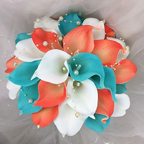 Silky Flower Store Real Touch Calla Lily Wedding Bouquet, Lily Garden Coral White Carnation Turquoise, Handmade Bridal Bouquet 10in 1 1 Product: Lily Garden® Real Touch Calla Lily Coral and White and Carnation Turquoise Flowers Wedding Bouquet (Wedding Bouquet Lilies)