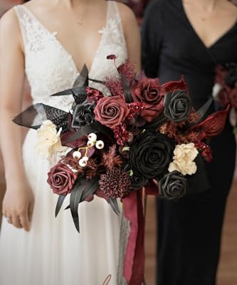 Silky Flower Store Black Burgundy Gothic Wedding Bouquet, Artificial Bridal Flowers, Free Form Wedding Bouquet, 13 Inch 9 9 Product: Ling's Moment Black and Burgundy Wedding Bouquets for Bride, Gothic Bridal Bouquets for Bride, 13 Inch Free Form Artificial Wedding Flower Bouquet