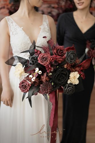Silky Flower Store Black Burgundy Gothic Wedding Bouquet, Artificial Bridal Flowers, Free Form Wedding Bouquet, 13 Inch 2 2 Product: Ling's Moment Black and Burgundy Wedding Bouquets for Bride, Gothic Bridal Bouquets for Bride, 13 Inch Free Form Artificial Wedding Flower Bouquet