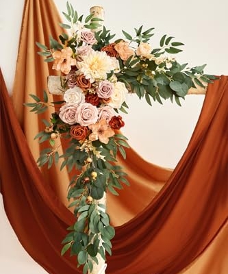 Silky Flower Store Fall Artificial Wedding Arch Flowers Kit, Hanging Flower Arrangement Drapes, Terracotta Orange Autumn Decor, 5ft x 6ft 5in 11 11 Product: Ling's Moment Fall Artificial Wedding Arch Flowers Kit Pack of 4, 2pcs Hanging Flower Arrangement 2pcs Drapes Ceremony Rose Arbor Backdrop Brunt Orange Terracotta Floral Party Autumn Outdoor Decor