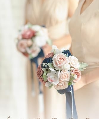 Product: Ling's Moment Artificial Flowers Dusty Rose & Navy Blue Bridesmaid Bouquet Set of 4, Wedding Flowers Bouquets for Bridesmaids, 9'' Maid of Honor Bouquet+7'' Bridesmaids Bouquets x3