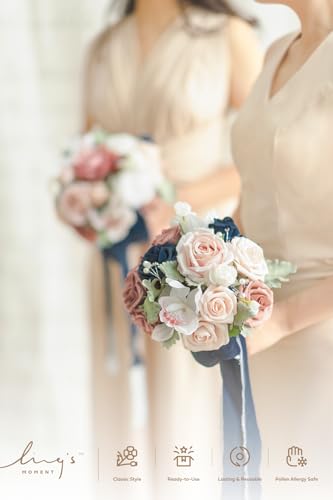 Product: Ling's Moment Artificial Flowers Dusty Rose & Navy Blue Bridesmaid Bouquet Set of 4, Wedding Flowers Bouquets for Bridesmaids, 9'' Maid of Honor Bouquet+7'' Bridesmaids Bouquets x3