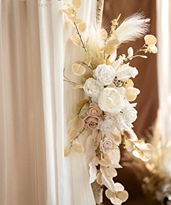 Product: Ling's Moment Deluxe White Beige Artificial Wedding Arch Flowers with Drapes Kit-Pack of 5, 2pcs Flower Arrangements 3pcs Hanging Sheer Drapes Ceremony Arbor Reception Backdrop Rose Floral Decorations