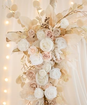 Product: Ling's Moment Deluxe White Beige Artificial Wedding Arch Flowers with Drapes Kit-Pack of 5, 2pcs Flower Arrangements 3pcs Hanging Sheer Drapes Ceremony Arbor Reception Backdrop Rose Floral Decorations