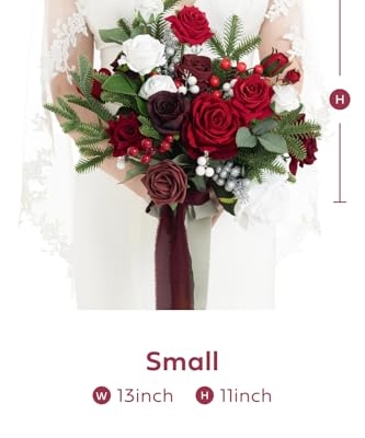 Silky Flower Store Christmas Red Wedding Bouquet, Bridal Bouquet Artificial Silk Foam Flowers, Winter Wedding Bouquet, 13 Inch 9 9 Product: Ling's Moment Christmas Red Wedding Bouquets for Bride, Xmas Winter Bridal Bouquets for Bride,13 Inch Free Form Artificial Wedding Flower Bouquet
