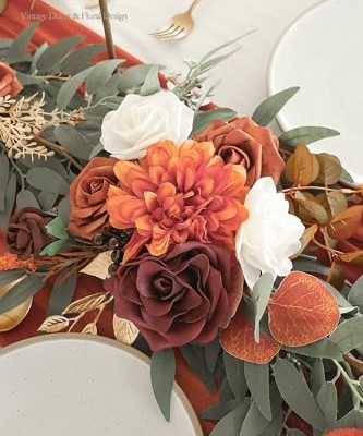 Silky Flower Store Artificial Eucalyptus Garland with Flowers, Burnt Orange Terracotta Faux Floral Table Runner, 6ft 8 8 Product: Floroom 6ft Artificial Eucalyptus Garland with Flowers Fake Greenery Burnt Orange Faux Floral Vine Garland for Table Decor Wedding Centerpieces Bridal Shower Party Decorations, Terracotta