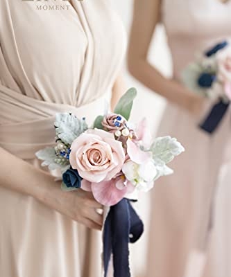 Silky Flower Store Dusty Rose Navy Blue Bridesmaid Bouquet Set of 6, Artificial Wedding Flowers, 7 Inch 7 7 Product: Ling's Moment Artificial Flowers Dusty Rose & Navy Blue Bridesmaid Bouquet Set of 6, Wedding Flowers Bouquets for Bridesmaids, 7 Inch Bridal Bouquets for Bridesmaids, Wedding, Ceremony, etc