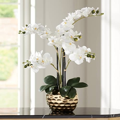 Product: Dahlia Studios Potted Faux Artificial Flowers Realistic White Phalaenopsis Orchid in Silver Gold Ceramic Pot Home Decoration Living Room Office Bedroom Bathroom Kitchen Dining Room 23" High