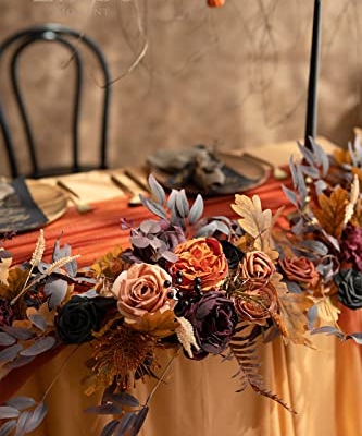 Silky Flower Store Eucalyptus Rose Flower Garland, Black Burnt Orange Faux Silk Wedding Arch Decor, 6ft 10 10 Product: Ling's Moment Flower Garland - 6FT Eucalyptus & Rose - Sweetheart Table Decor for Wedding Reception, Artificial Floral Garland for Mantle, Thanksgiving, Christmas Decoration, Black & Burnt Orange