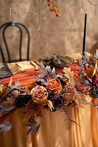 Silky Flower Store Eucalyptus Rose Flower Garland, Black Burnt Orange Faux Silk Wedding Arch Decor, 6ft 3 3 Product: Ling's Moment Flower Garland - 6FT Eucalyptus & Rose - Sweetheart Table Decor for Wedding Reception, Artificial Floral Garland for Mantle, Thanksgiving, Christmas Decoration, Black & Burnt Orange