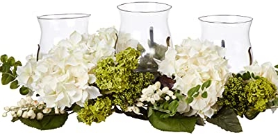 Silky Flower Store Nearly Natural Snowball Hydrangea Triple Candelabrum, Glass Hurricane Candle Holders, Decorative Home Accent, 32.5cm 8 8 Product: Nearly Natural Snowball Hydrangea Triple Candelabrum
