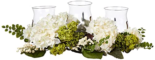Silky Flower Store Nearly Natural Snowball Hydrangea Triple Candelabrum, Glass Hurricane Candle Holders, Decorative Home Accent, 32.5cm 1 1 Product: Nearly Natural Snowball Hydrangea Triple Candelabrum