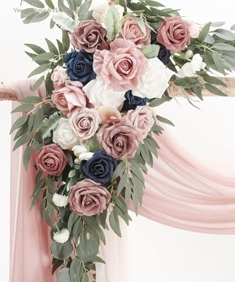 Silky Flower Store Artificial Floral Arch Kit with Drapes, Dusty Rose Navy Blue Wedding Backdrop Flowers, 2pcs, 4pcs 20.5cm 7 7 Product: Floroom Arch Flowers with Drapes Kit (Pack of 4) - 2pcs Artificial Dusty Rose & Navy Blue Floral Swag Arrangement with 2pcs Draping Fabric for Wedding Ceremony Arbor and Reception Backdrop Decoration