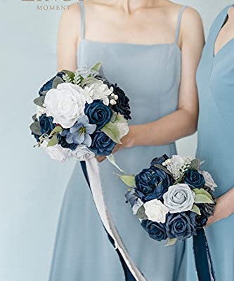 Product: Ling's Moment Blue and White Artificial Flowers Bridesmaid Bouquet Set of 4, Navy Blue and White Wedding Flowers Bouquets for Bridesmaids, 7 Inch Bridal Bouquets for Bridesmaids, Wedding, Ceremony
