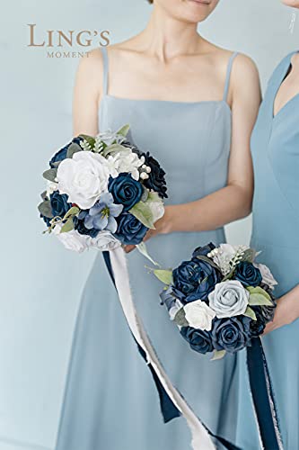 Product: Ling's Moment Blue and White Artificial Flowers Bridesmaid Bouquet Set of 4, Navy Blue and White Wedding Flowers Bouquets for Bridesmaids, 7 Inch Bridal Bouquets for Bridesmaids, Wedding, Ceremony