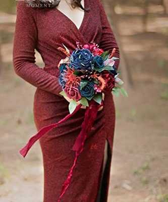 Silky Flower Store Artificial Bridesmaid Bouquet Burgundy and Navy, Ling's Moment Wedding Silk Foam Flowers, 7 Inch 8 8 Product: Ling's Moment Artificial Flowers Burgundy and Navy Bridesmaid Bouquet, Wedding Flowers Bouquets for Bridesmaids, 7 Inch Bridal Bouquets for Bridesmaids, Wedding Decor, Anniversary, etc